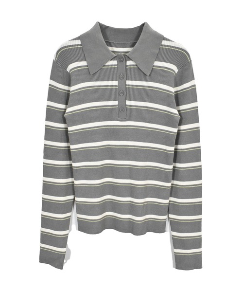 Reurie'（レウリィ）の「ボーダーポロニット / 長袖 配色 カジュアル ノームコア 韓国 バイカラー 水色ニット ブルーブラウン（ニット/セーター・レディース・グレー/ブルー・FREE）」の8枚目の写真