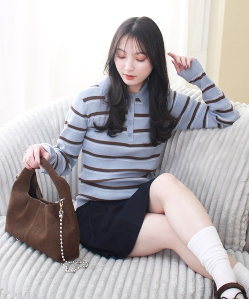 Reurie'（レウリィ）の「ボーダーポロニット / 長袖 配色 カジュアル ノームコア 韓国 バイカラー 水色ニット ブルーブラウン（ニット/セーター・レディース・グレー/ブルー・FREE）」の9枚目の写真