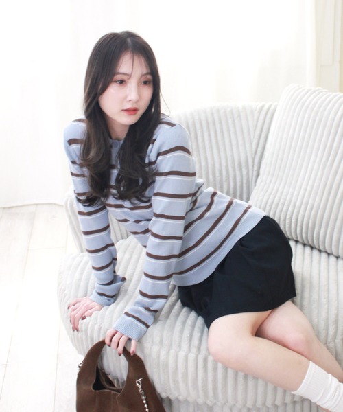 Reurie'（レウリィ）の「ボーダーポロニット / 長袖 配色 カジュアル ノームコア 韓国 バイカラー 水色ニット ブルーブラウン（ニット/セーター・レディース・グレー/ブルー・FREE）」の11枚目の写真