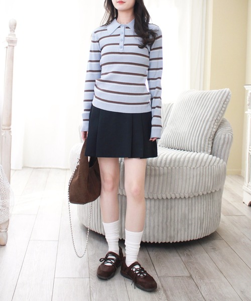 Reurie'（レウリィ）の「ボーダーポロニット / 長袖 配色 カジュアル ノームコア 韓国 バイカラー 水色ニット ブルーブラウン（ニット/セーター・レディース・グレー/ブルー・FREE）」の10枚目の写真