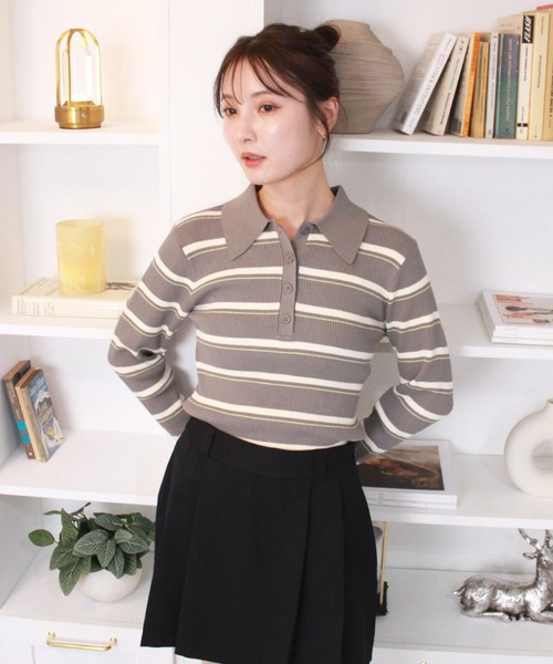 Reurie'（レウリィ）の「ボーダーポロニット / 長袖 配色 カジュアル ノームコア 韓国 バイカラー 水色ニット ブルーブラウン（ニット/セーター・レディース・グレー/ブルー・FREE）」の13枚目の写真