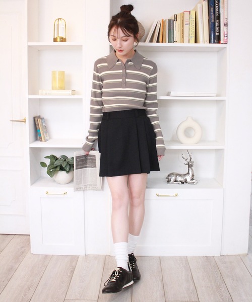 Reurie'（レウリィ）の「ボーダーポロニット / 長袖 配色 カジュアル ノームコア 韓国 バイカラー 水色ニット ブルーブラウン（ニット/セーター・レディース・グレー/ブルー・FREE）」の16枚目の写真