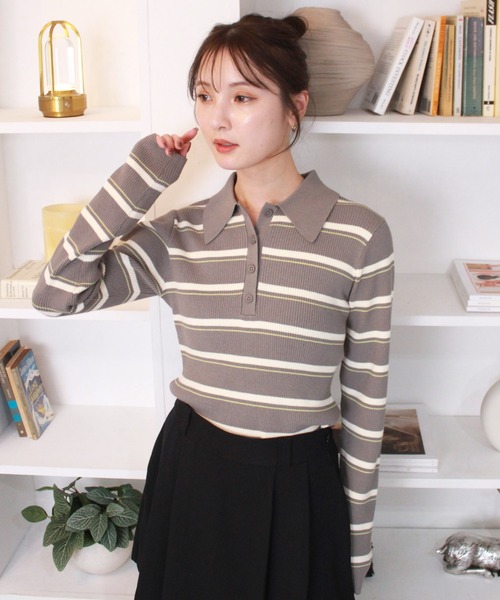 Reurie'（レウリィ）の「ボーダーポロニット / 長袖 配色 カジュアル ノームコア 韓国 バイカラー 水色ニット ブルーブラウン（ニット/セーター・レディース・グレー/ブルー・FREE）」の15枚目の写真