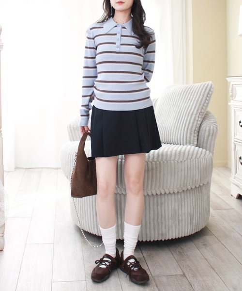 Reurie'（レウリィ）の「ボーダーポロニット / 長袖 配色 カジュアル ノームコア 韓国 バイカラー 水色ニット ブルーブラウン（ニット/セーター・レディース・グレー/ブルー・FREE）」の18枚目の写真