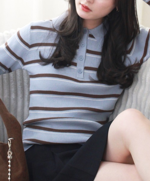 Reurie'（レウリィ）の「ボーダーポロニット / 長袖 配色 カジュアル ノームコア 韓国 バイカラー 水色ニット ブルーブラウン（ニット/セーター・レディース・グレー/ブルー・FREE）」の19枚目の写真