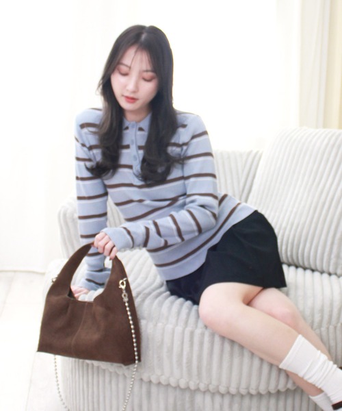 Reurie'（レウリィ）の「ボーダーポロニット / 長袖 配色 カジュアル ノームコア 韓国 バイカラー 水色ニット ブルーブラウン（ニット/セーター・レディース・グレー/ブルー・FREE）」の20枚目の写真