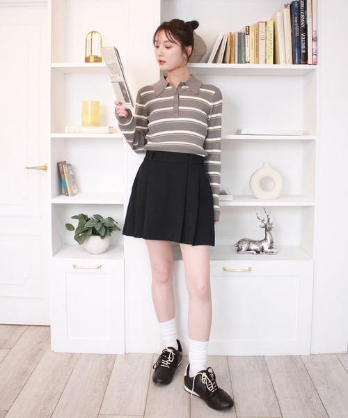 Reurie'（レウリィ）の「ボーダーポロニット / 長袖 配色 カジュアル ノームコア 韓国 バイカラー 水色ニット ブルーブラウン（ニット/セーター・レディース・グレー/ブルー・FREE）」の21枚目の写真