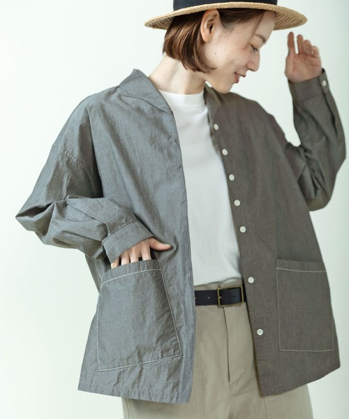 PAR ICI（パーリッシィ）の「タイプライター オブロングカラーブラウス（シャツ/ブラウス・レディース・チャコールグレー/サックスブルー/ストライプ・FREE）」の2枚目の写真