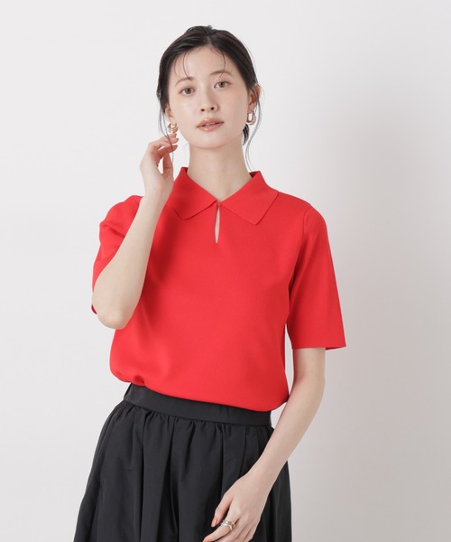 NANO universe（ナノユニバース）の「洗濯機洗い可UVカット接触冷感衿付き半袖ポロニット（ニット/セーター・レディース・ブラック/ホワイト/レッド・FREE）」の3枚目の写真