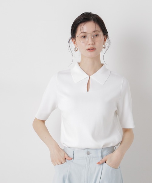 NANO universe（ナノユニバース）の「洗濯機洗い可UVカット接触冷感衿付き半袖ポロニット（ニット/セーター・レディース・ブラック/ホワイト/レッド・FREE）」の2枚目の写真