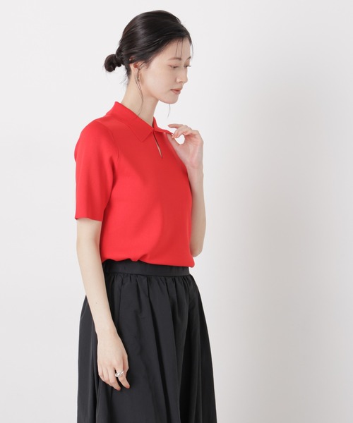 NANO universe（ナノユニバース）の「洗濯機洗い可UVカット接触冷感衿付き半袖ポロニット（ニット/セーター・レディース・ブラック/ホワイト/レッド・FREE）」の13枚目の写真