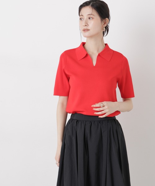 NANO universe（ナノユニバース）の「洗濯機洗い可UVカット接触冷感衿付き半袖ポロニット（ニット/セーター・レディース・ブラック/ホワイト/レッド・FREE）」の12枚目の写真