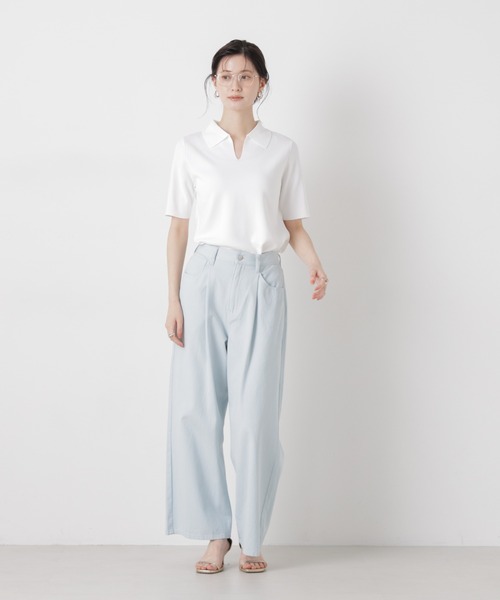 NANO universe（ナノユニバース）の「洗濯機洗い可UVカット接触冷感衿付き半袖ポロニット（ニット/セーター・レディース・ブラック/ホワイト/レッド・FREE）」の7枚目の写真