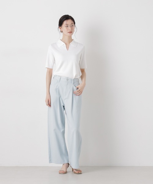 NANO universe（ナノユニバース）の「洗濯機洗い可UVカット接触冷感衿付き半袖ポロニット（ニット/セーター・レディース・ブラック/ホワイト/レッド・FREE）」の8枚目の写真