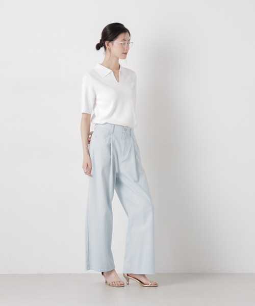 NANO universe（ナノユニバース）の「洗濯機洗い可UVカット接触冷感衿付き半袖ポロニット（ニット/セーター・レディース・ブラック/ホワイト/レッド・FREE）」の9枚目の写真