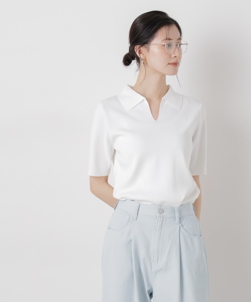 NANO universe（ナノユニバース）の「洗濯機洗い可UVカット接触冷感衿付き半袖ポロニット（ニット/セーター・レディース・ブラック/ホワイト/レッド・FREE）」の5枚目の写真