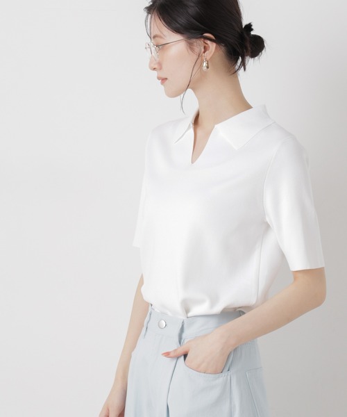 NANO universe（ナノユニバース）の「洗濯機洗い可UVカット接触冷感衿付き半袖ポロニット（ニット/セーター・レディース・ブラック/ホワイト/レッド・FREE）」の6枚目の写真