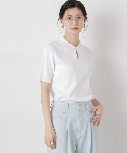 NANO universe（ナノユニバース）の「洗濯機洗い可UVカット接触冷感衿付き半袖ポロニット（ニット/セーター・レディース・ブラック/ホワイト/レッド・FREE）」の4枚目の写真