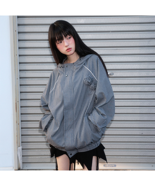 Rose Corsage Check Windbreaker [Navy]