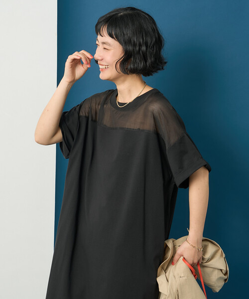 FREAK'S STORE（フリークスストア）の「藤本美貴 × FREAK'S STORE/フリークスストア シアードッキング 切替 Tシャツワンピース（シャツワンピース・レディース・ネイビー/ブラウン/ブラック・ﾌﾘ-）」の2枚目の写真