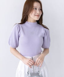 clear | ラインストーンパフスリーブ半袖リブニットトップス[骨格ウェーブ 大人 フェミニン 上品](ニット/セーター)