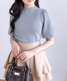 clear | ラインストーンパフスリーブ半袖リブニットトップス[骨格ウェーブ 大人 フェミニン 上品](ニット/セーター)
