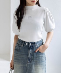 clear | ラインストーンパフスリーブ半袖リブニットトップス[骨格ウェーブ 大人 フェミニン 上品](ニット/セーター)