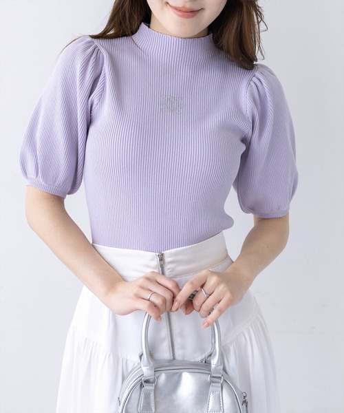 clear（クリア）の「ラインストーンパフスリーブ半袖リブニットトップス[骨格ウェーブ 大人 フェミニン 上品]（ニット/セーター・レディース・グレー/ラベンダー/ブラック/オフホワイト/ピンク・F）」の20枚目の写真
