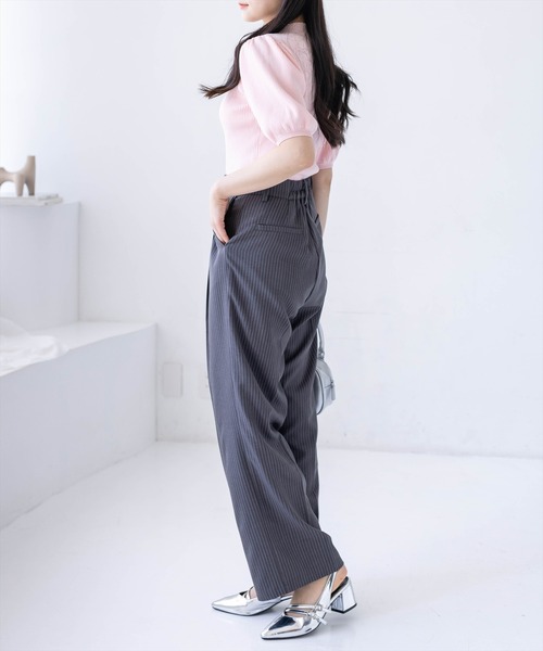 clear（クリア）の「ラインストーンパフスリーブ半袖リブニットトップス[骨格ウェーブ 大人 フェミニン 上品]（ニット/セーター・レディース・グレー/ラベンダー/ブラック/オフホワイト・F）」の8枚目の写真