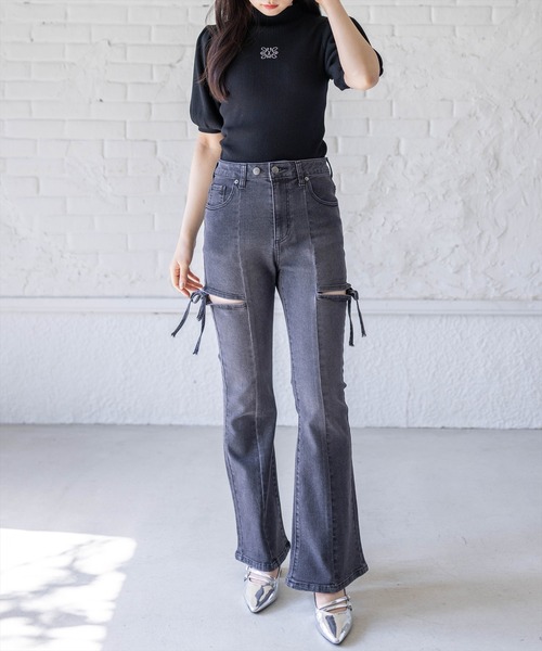 clear（クリア）の「ラインストーンパフスリーブ半袖リブニットトップス[骨格ウェーブ 大人 フェミニン 上品]（ニット/セーター・レディース・グレー/ラベンダー/ブラック/オフホワイト・F）」の10枚目の写真