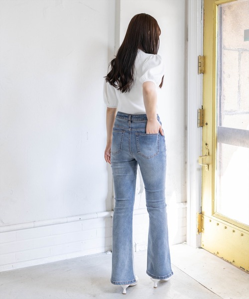 clear（クリア）の「ラインストーンパフスリーブ半袖リブニットトップス[骨格ウェーブ 大人 フェミニン 上品]（ニット/セーター・レディース・グレー/ラベンダー/ブラック/オフホワイト・F）」の16枚目の写真