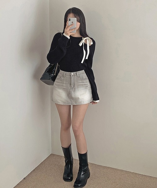 Girly Doll(ガーリードール)の「配色リボンカットアウトニット(ニット/セーター・レディース・ブラック/オフホワイト・FREE)」の3枚目の写真