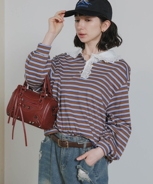 Chick(チック)の「Lace Collar Border Polo Top / レースポロ衿ボーダートップス 2026年春夏(ポロシャツ・レディース・ブラウン/グレー・FREE)」の2枚目の写真