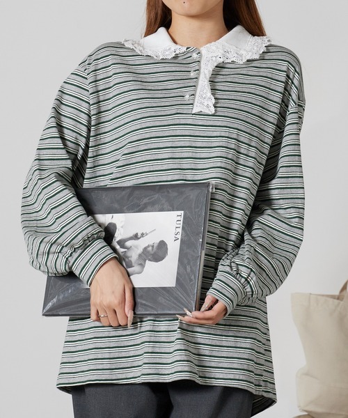 Chick(チック)の「Lace Collar Border Polo Top / レースポロ衿ボーダートップス 2026年春夏(ポロシャツ・レディース・ブラウン/グレー・FREE)」の1枚目の写真