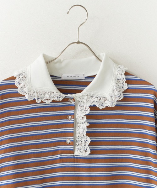 Chick(チック)の「Lace Collar Border Polo Top / レースポロ衿ボーダートップス 2026年春夏(ポロシャツ・レディース・ブラウン/グレー・FREE)」の3枚目の写真