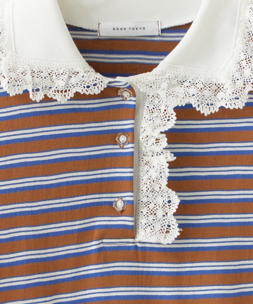 Chick(チック)の「Lace Collar Border Polo Top / レースポロ衿ボーダートップス 2026年春夏(ポロシャツ・レディース・ブラウン/グレー・FREE)」の4枚目の写真