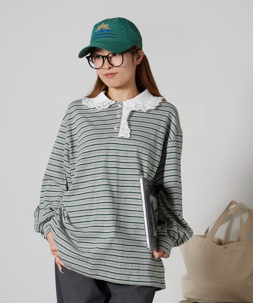 Chick(チック)の「Lace Collar Border Polo Top / レースポロ衿ボーダートップス 2026年春夏(ポロシャツ・レディース・ブラウン/グレー・FREE)」の17枚目の写真