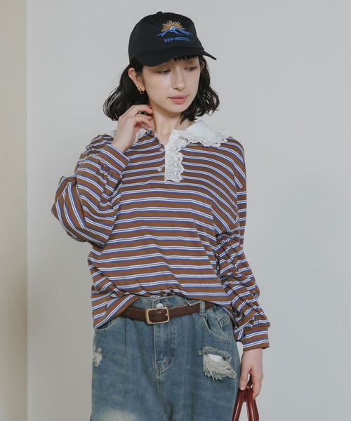 Chick(チック)の「Lace Collar Border Polo Top / レースポロ衿ボーダートップス 2026年春夏(ポロシャツ・レディース・ブラウン/グレー・FREE)」の22枚目の写真