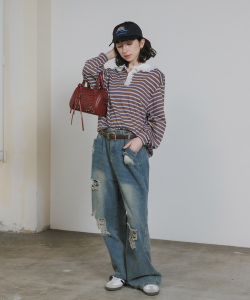 Chick(チック)の「Lace Collar Border Polo Top / レースポロ衿ボーダートップス 2026年春夏(ポロシャツ・レディース・ブラウン/グレー・FREE)」の7枚目の写真
