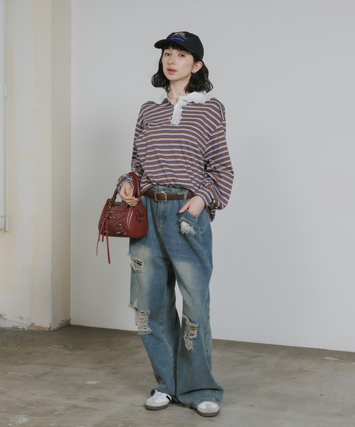 Chick(チック)の「Lace Collar Border Polo Top / レースポロ衿ボーダートップス 2026年春夏(ポロシャツ・レディース・ブラウン/グレー・FREE)」の8枚目の写真