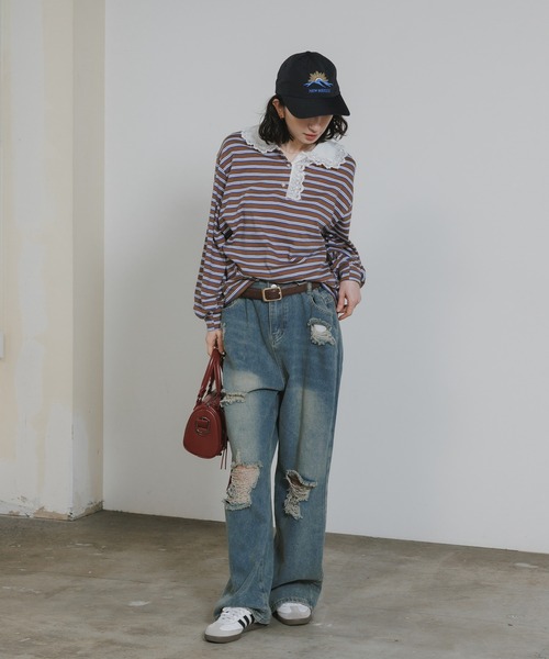 Chick(チック)の「Lace Collar Border Polo Top / レースポロ衿ボーダートップス 2026年春夏(ポロシャツ・レディース・ブラウン/グレー・FREE)」の9枚目の写真