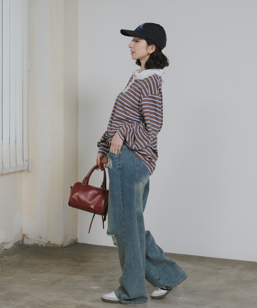 Chick(チック)の「Lace Collar Border Polo Top / レースポロ衿ボーダートップス 2026年春夏(ポロシャツ・レディース・ブラウン/グレー・FREE)」の11枚目の写真