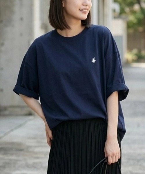 BEVERLY HILLS POLO CLUB(ビバリーヒルズポロクラブ)の「2026SS BEVERLY HILLS POLO CLUB/ビバリーヒルズポロクラブ オーバーサイズ ワンポイント刺繍 無地/ボーダー 半袖Tシャツ レディース メンズ(Tシャツ/カットソー・レディース・ホワイト/ホワイト系その他/スミクロ/ネイビー/ブルー系その他/ブラック/ブラウン系その他/ブラック系その他・M/L/LL)」の7枚目の写真
