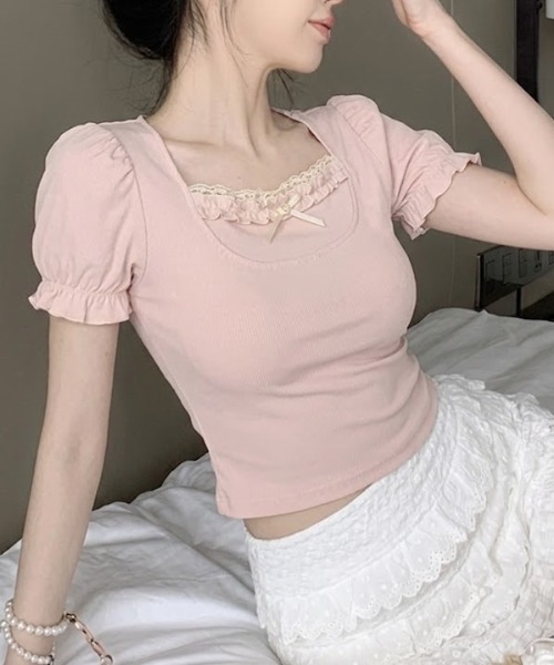 Mejoul(メジュール)の「【2026春夏新作】パフスリーブスクエアネックフロントリボンフリルTシャツ(Tシャツ/カットソー・レディース・ホワイト/ピンク・F)」の11枚目の写真