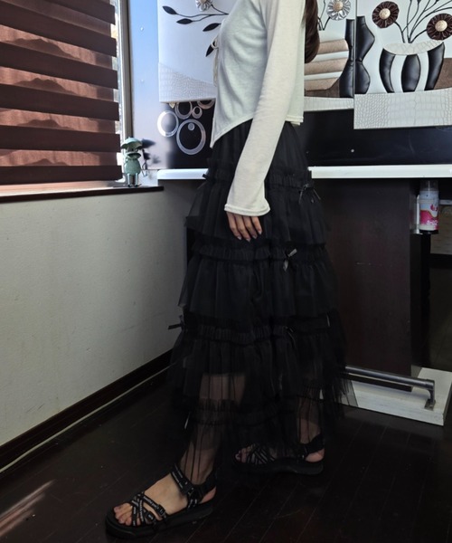tolene(トレネ)の「【バレエコア】リボンティアード チュールロングスカート / フレンチガーリー(スカート・レディース・ブラック/ピンク・FREE)」の12枚目の写真