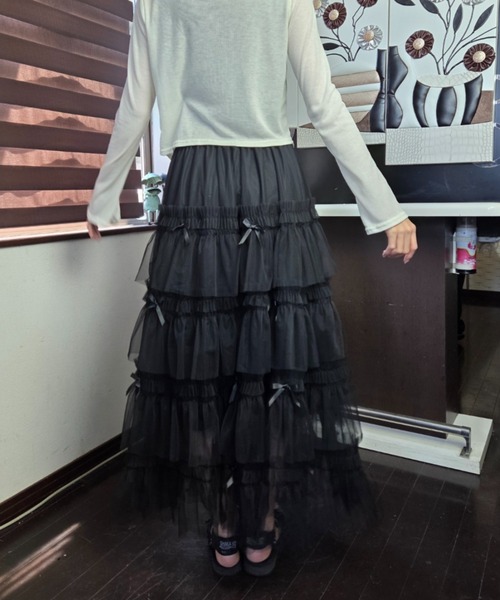 tolene(トレネ)の「【バレエコア】リボンティアード チュールロングスカート / フレンチガーリー(スカート・レディース・ブラック/ピンク・FREE)」の14枚目の写真