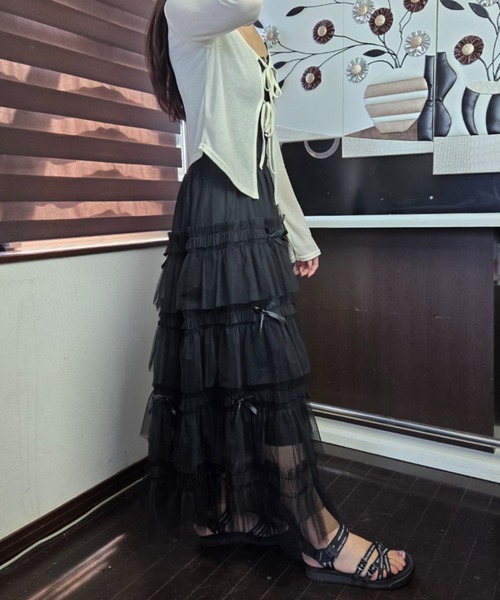 tolene(トレネ)の「【バレエコア】リボンティアード チュールロングスカート / フレンチガーリー(スカート・レディース・ブラック/ピンク・FREE)」の16枚目の写真