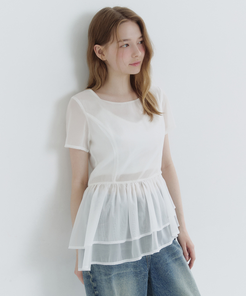 MICANE(ミケーネ)の「エリラショーツスリーブティアードブラウス-タイセットアップ(シャツ/ブラウス・レディース・ブラック/アイボリー・SMALL/MEDIUM/LARGE/X-LARGE)」の3枚目の写真