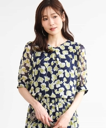 [洗える]アートフラワープリント シフォンブラウス