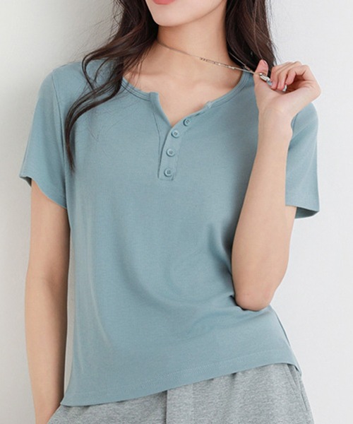 DAY CLOSET(デイ クローゼット)の「【ストレッチ有】程よい抜け感&こなれ見え。半袖 ヘンリーネック リブ Tシャツ レディース(Tシャツ/カットソー・レディース・ブルー系その他/ホワイト/ブラック/ピンク・L/XL/M)」の3枚目の写真